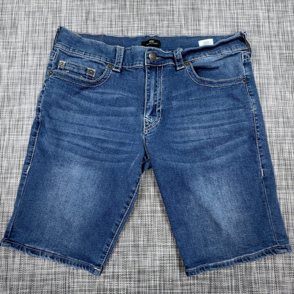 True Religion Mens Ricky Big T Denim Shorts 36 Blue Relaxed Contrast Stitch